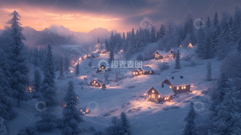 高清大图下载【趣麦麦图】雪山中的村庄