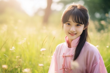 户外草丛中的可爱女孩