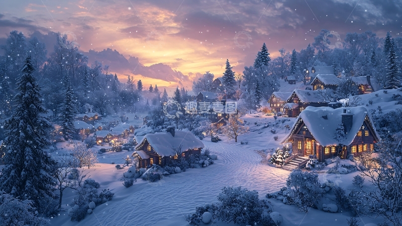 高清大图下载【趣麦麦图】雪夜村庄的唯美景象