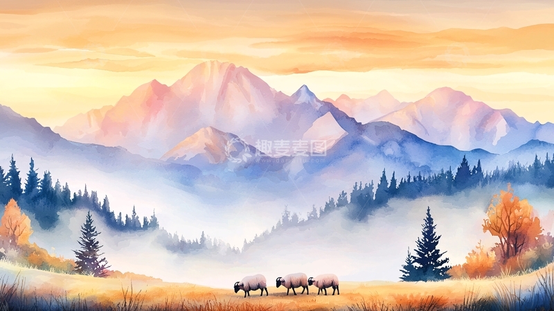 高清大图下载【趣麦麦图】山脉森林雾气笼罩的绘画
