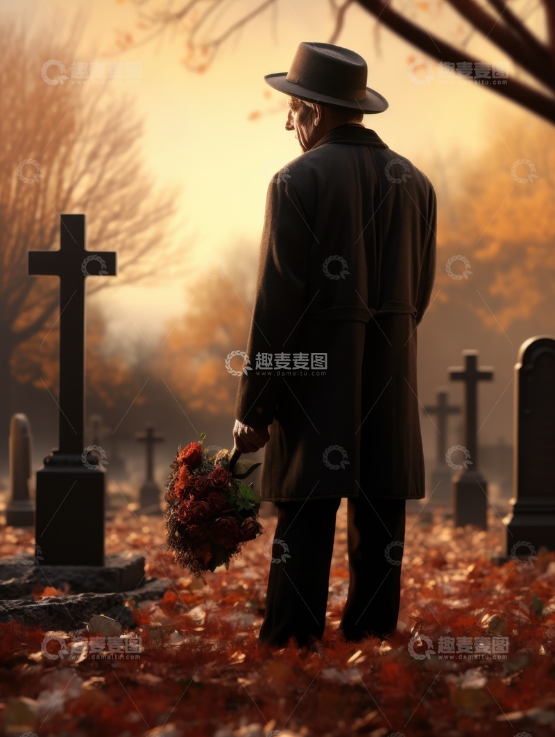 高清大图下载【趣麦麦图】墓地里哀悼的一位老人