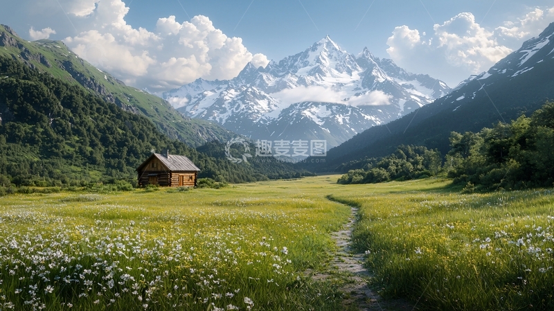 高清大图下载【趣麦麦图】雪山下的绿色小屋