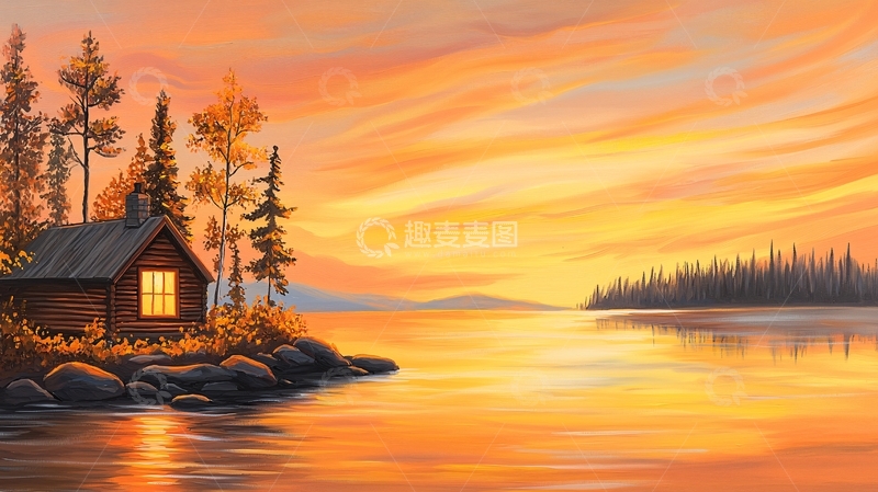 高清大图下载【趣麦麦图】湖边小屋日落美景