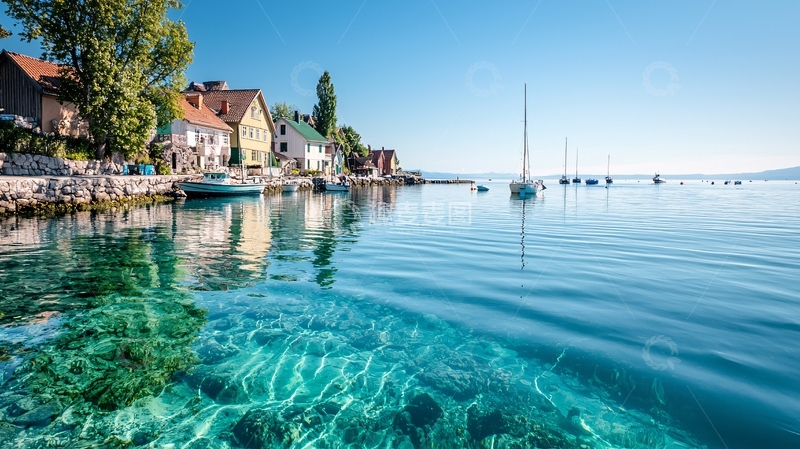 高清大图下载【趣麦麦图】湖边小镇风景如画