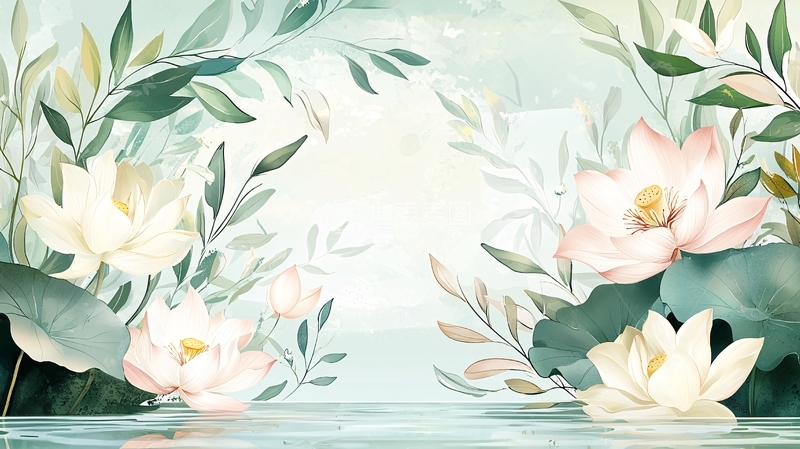 高清大图下载【趣麦麦图】水彩荷花叶子清新背景