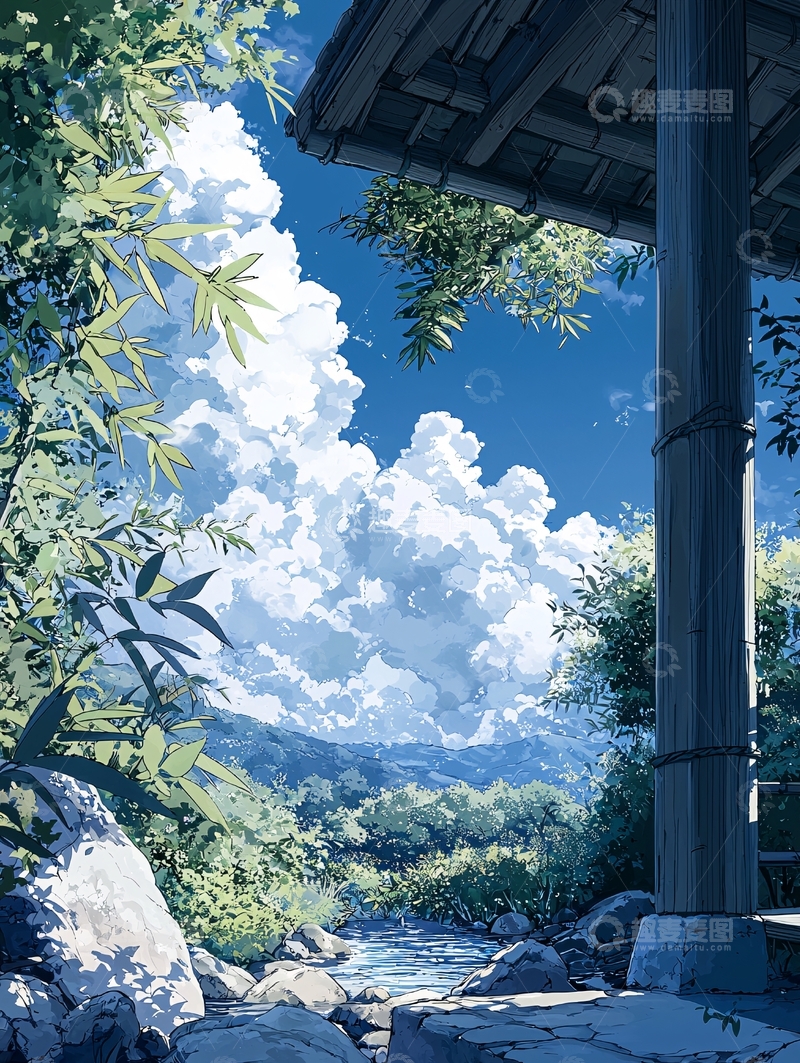 高清大图下载【趣麦麦图】蓝天白云下的日式建筑