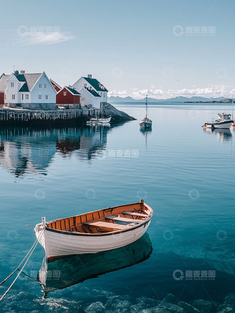 高清大图下载【趣麦麦图】平静海面上的船只与村庄