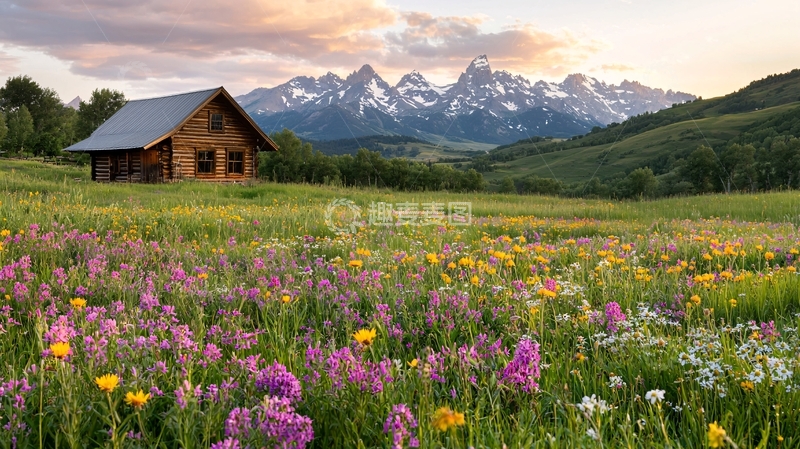 高清大图下载【趣麦麦图】乡村小屋与雪山花海