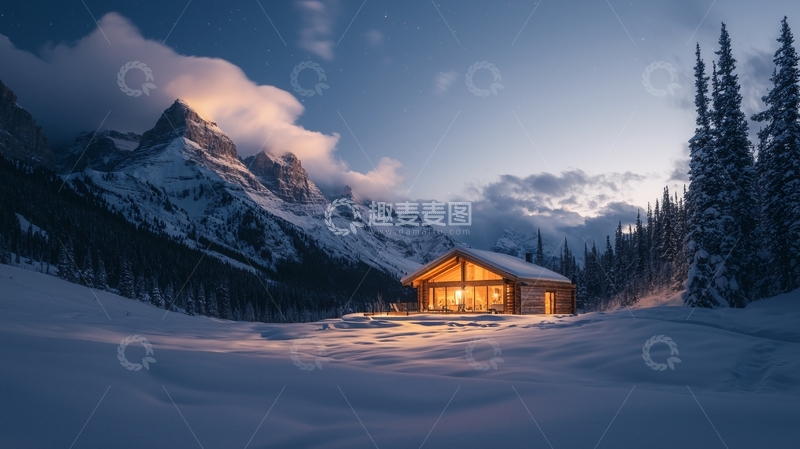 高清大图下载【趣麦麦图】雪山下的温暖木屋