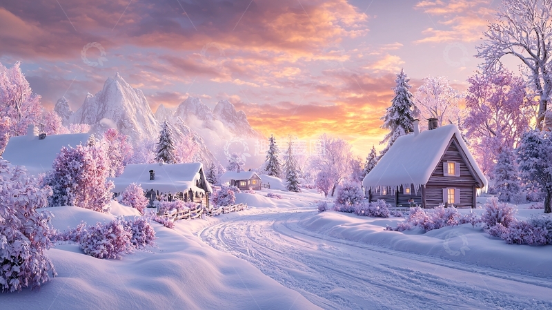 高清大图下载【趣麦麦图】冬季村庄的粉色天空