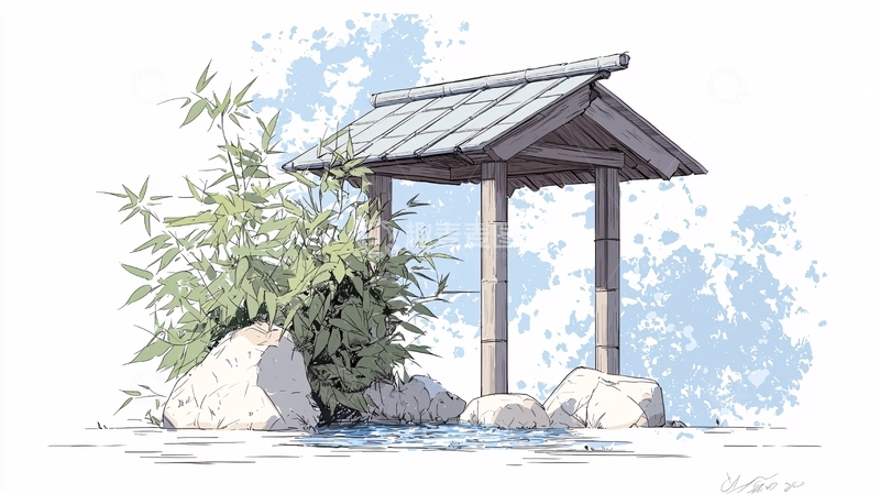 高清大图下载【趣麦麦图】日式凉亭水彩风格