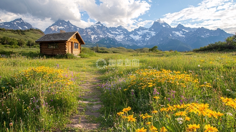 高清大图下载【趣麦麦图】山中小屋与野花草地