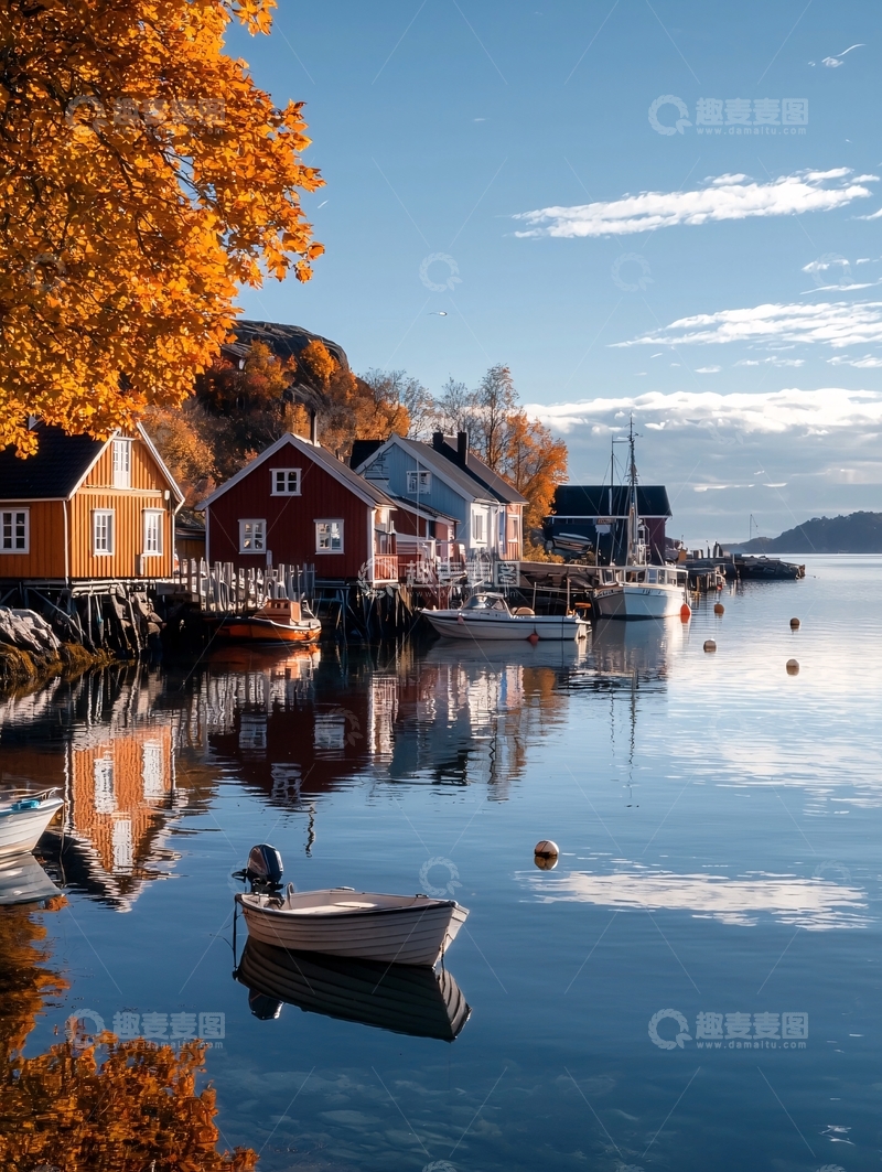 高清大图下载【趣麦麦图】秋日湖畔小屋风景