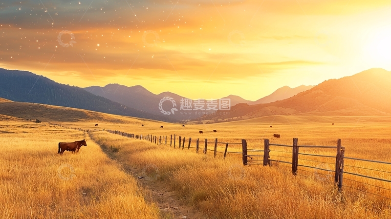 高清大图下载【趣麦麦图】金色的草原日落风景