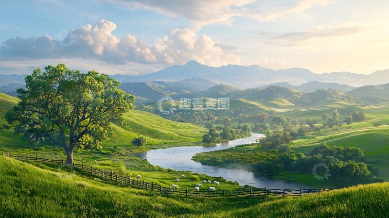 高清大图下载【趣麦麦图】绿色山丘间的河流美景