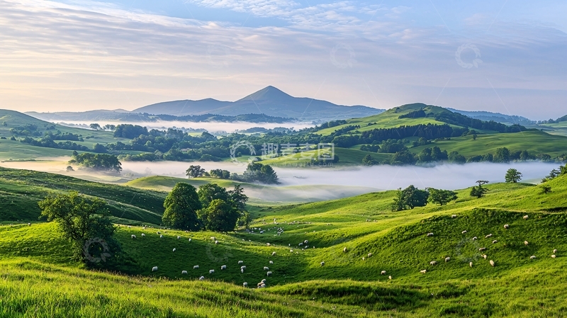 高清大图下载【趣麦麦图】绿色山丘上的湖泊和山峰