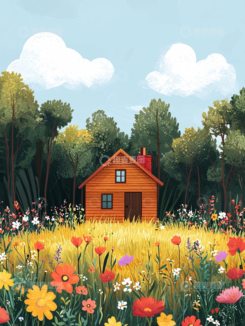 高清大图下载【趣麦麦图】田园小屋鲜花盛开的场景