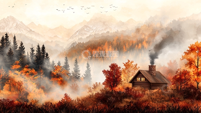 高清大图下载【趣麦麦图】秋日山间小屋风景图