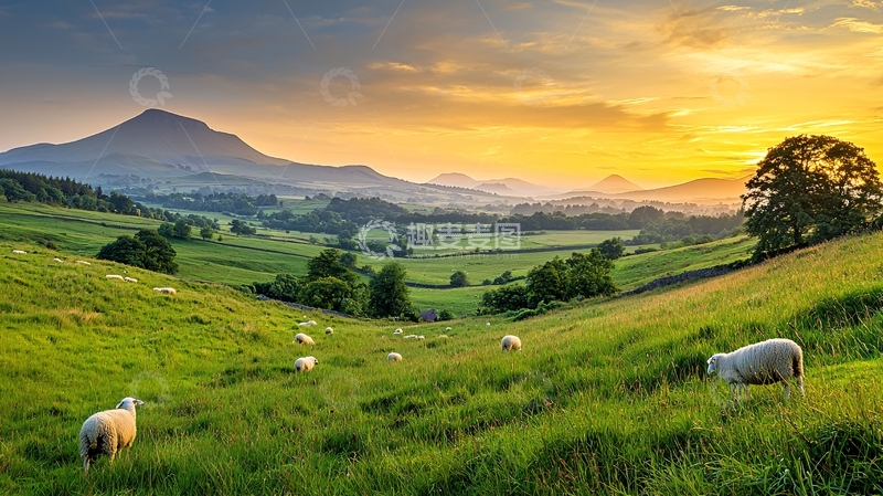高清大图下载【趣麦麦图】绵羊在山丘草地上吃草的场景