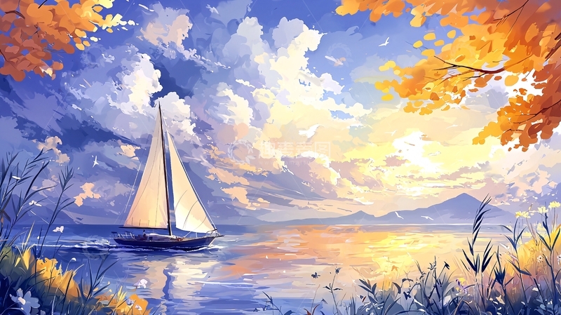 高清大图下载【趣麦麦图】宁静湖面帆船