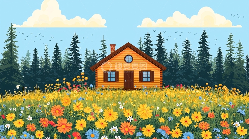 高清大图下载【趣麦麦图】乡村小屋鲜花盛开的草地