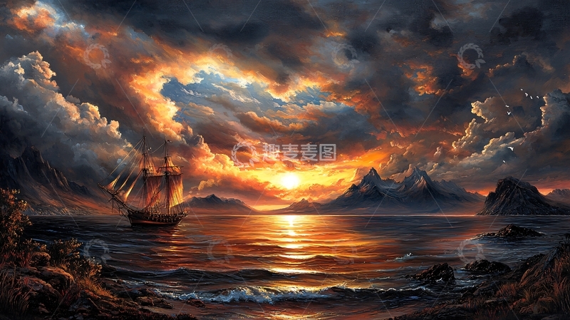 高清大图下载【趣麦麦图】海上日落船只剪影