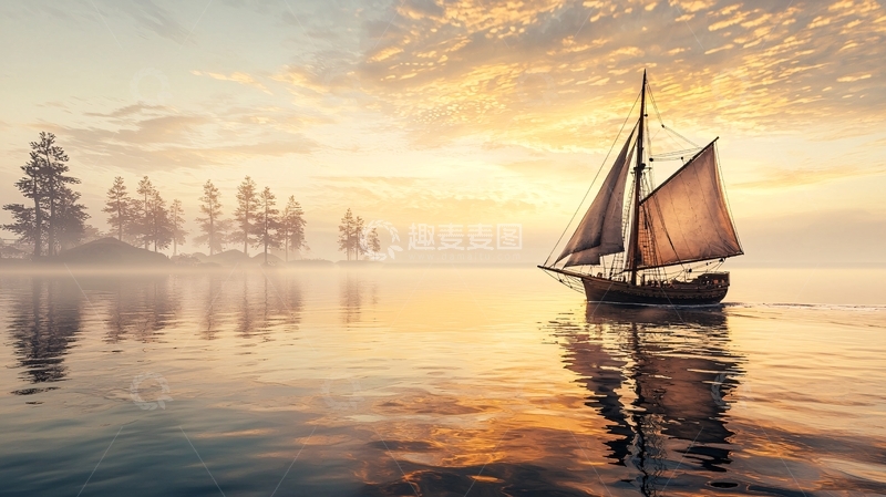 高清大图下载【趣麦麦图】宁静湖面上的帆船剪影