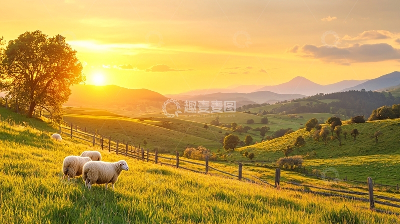 高清大图下载【趣麦麦图】金色阳光下的牧场风光