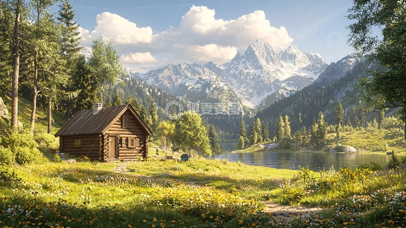 高清大图下载【趣麦麦图】森林木屋雪山下的宁静