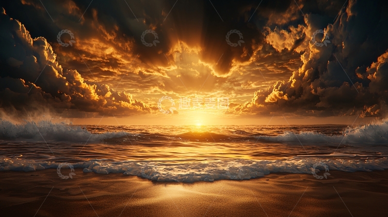 高清大图下载【趣麦麦图】海边日落金色云霞