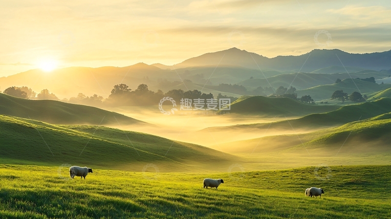 高清大图下载【趣麦麦图】田园风光日出薄雾笼罩