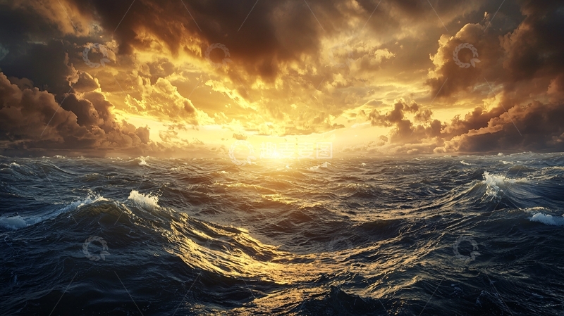 高清大图下载【趣麦麦图】波涛汹涌的海面日出