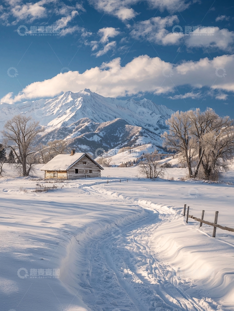 高清大图下载【趣麦麦图】雪山下的木屋