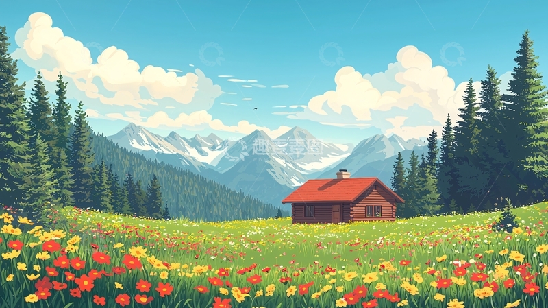高清大图下载【趣麦麦图】山间小屋鲜花盛开