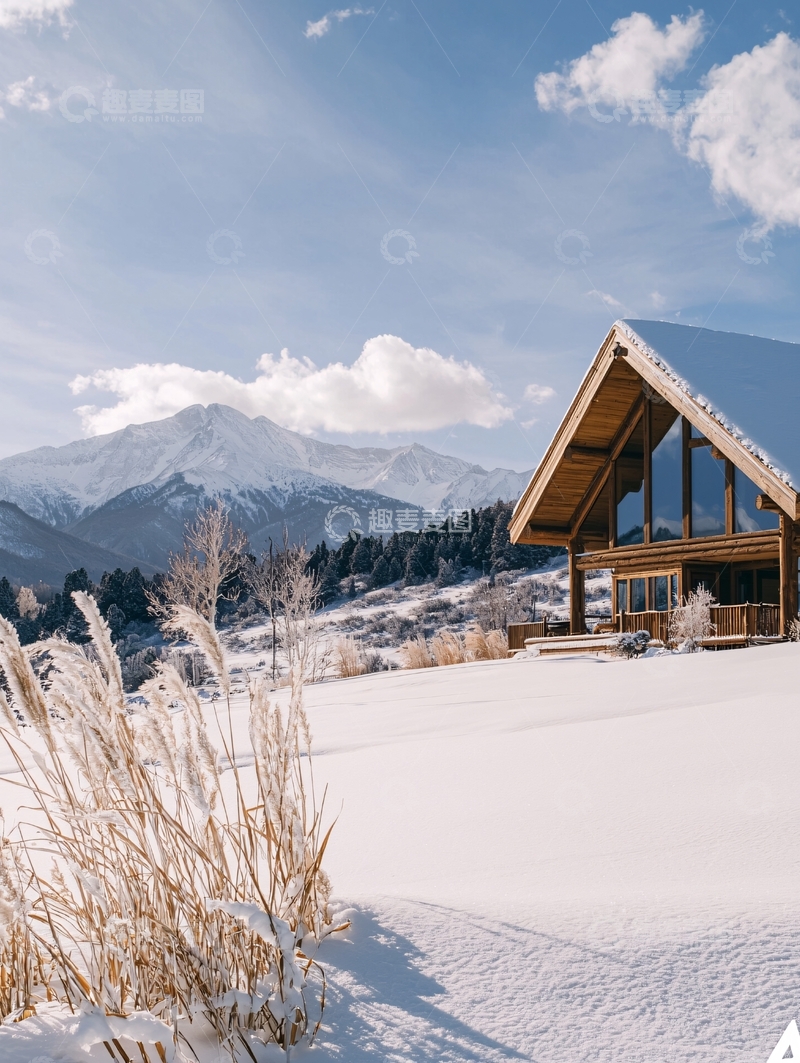 高清大图下载【趣麦麦图】雪山下的木屋