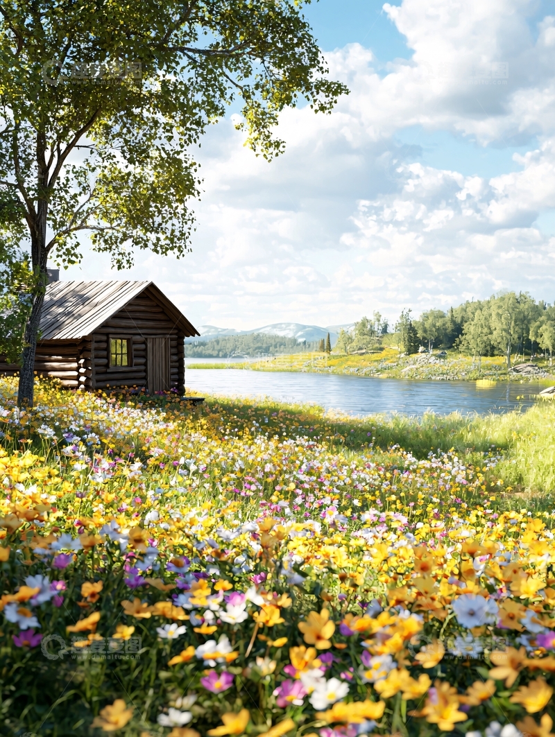 高清大图下载【趣麦麦图】湖边小屋花草盛开