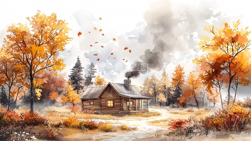 高清大图下载【趣麦麦图】秋日小屋烟囱冒烟