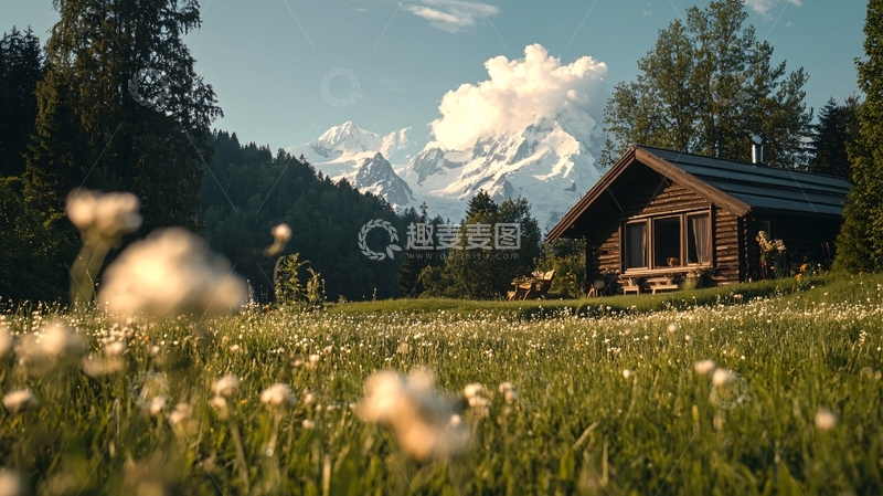 高清大图下载【趣麦麦图】山间木屋与草地野花