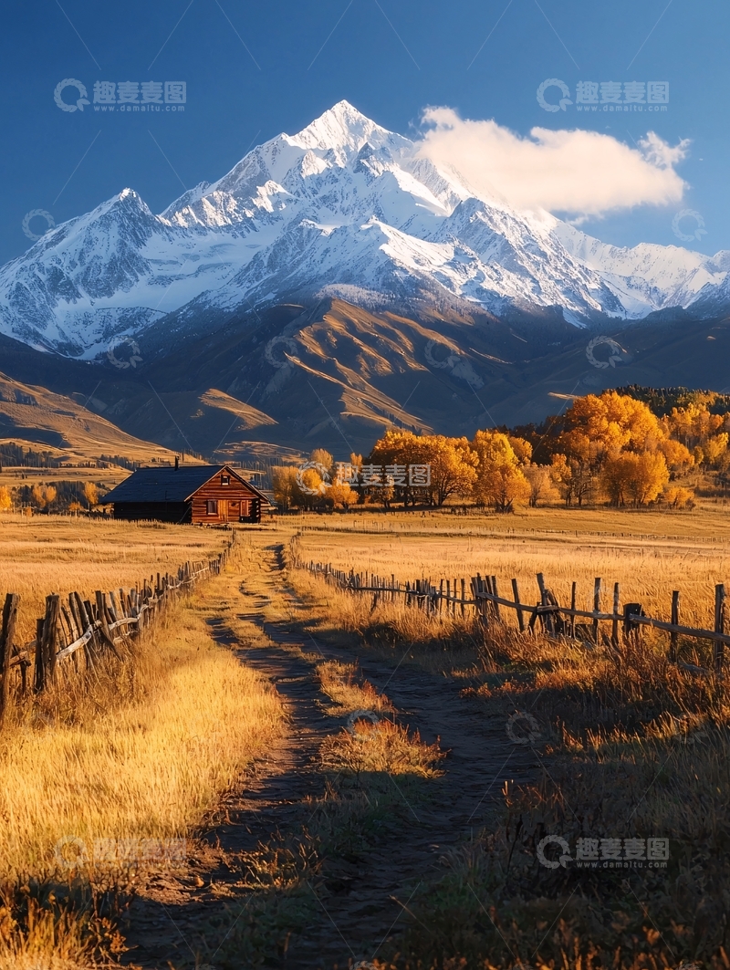 高清大图下载【趣麦麦图】乡村雪山下的金色秋景