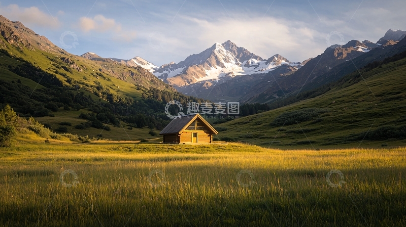 高清大图下载【趣麦麦图】山间小屋的宁静风景