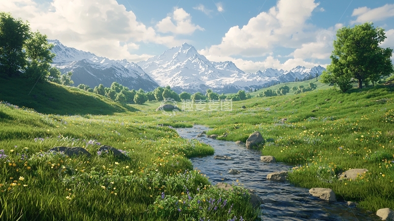 高清大图下载【趣麦麦图】绿草如茵的山间流水
