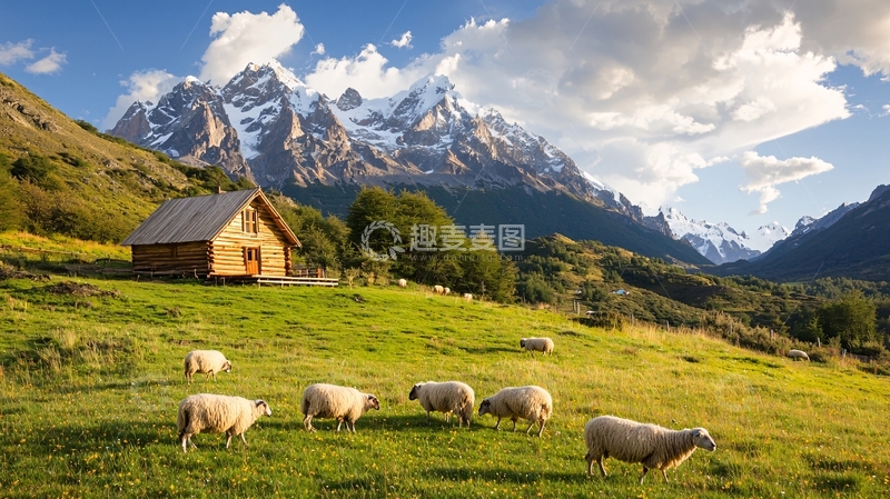 高清大图下载【趣麦麦图】田园风光山间小屋牧羊图
