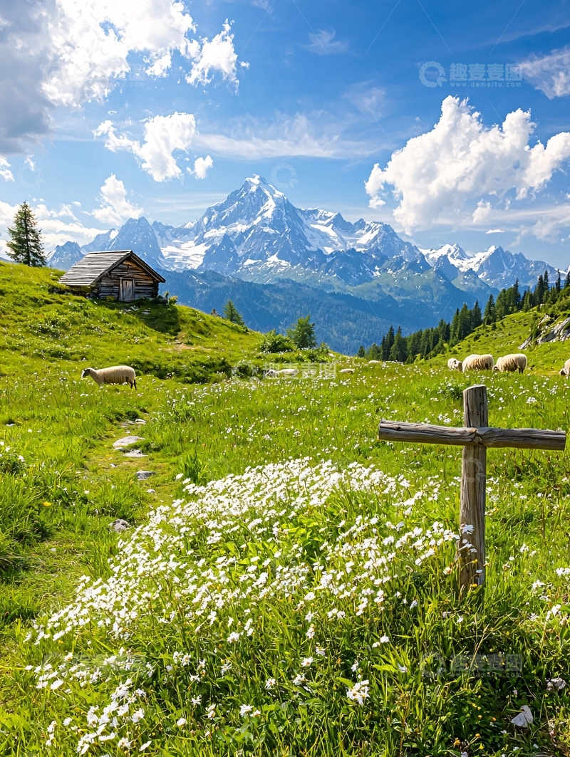 高清大图下载【趣麦麦图】高山草甸小屋风景