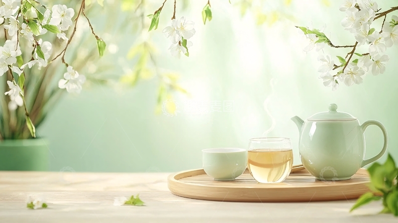 高清大图下载【趣麦麦图】清新茶具与花卉的静谧场景