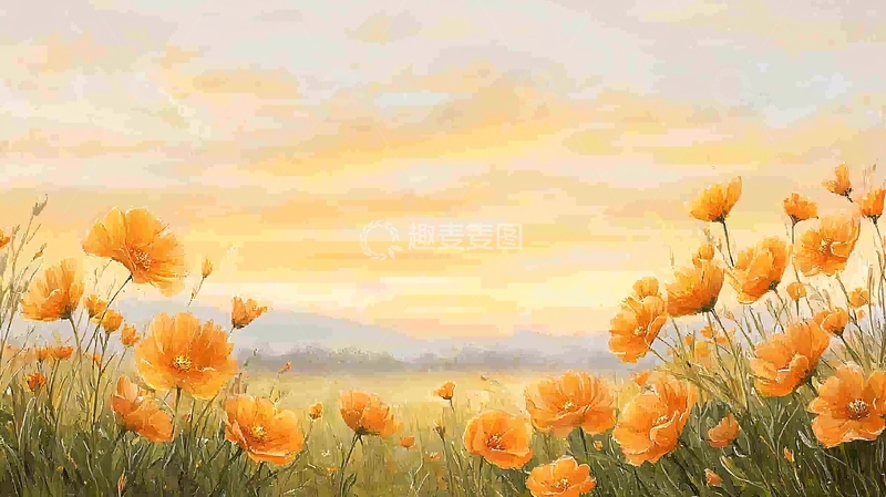 高清大图下载【趣麦麦图】金黄色花海夕阳风景