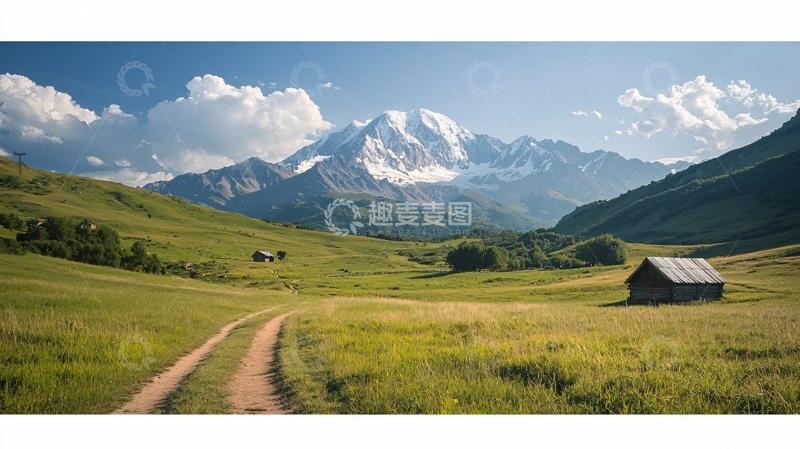 高清大图下载【趣麦麦图】草原雪山小木屋