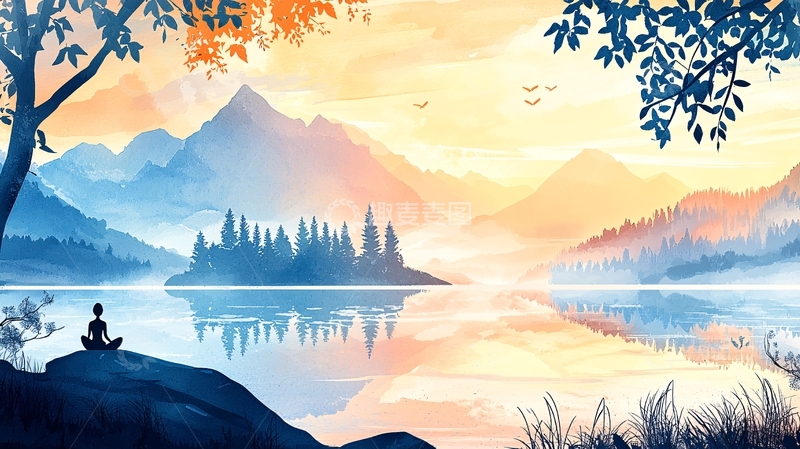 高清大图下载【趣麦麦图】宁静的湖面山景水彩画