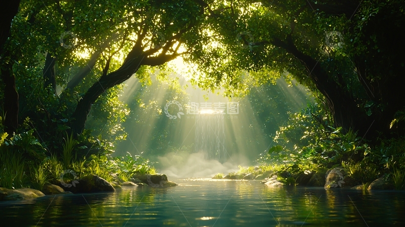 高清大图下载【趣麦麦图】阳光透过树叶瀑布流水自然风景