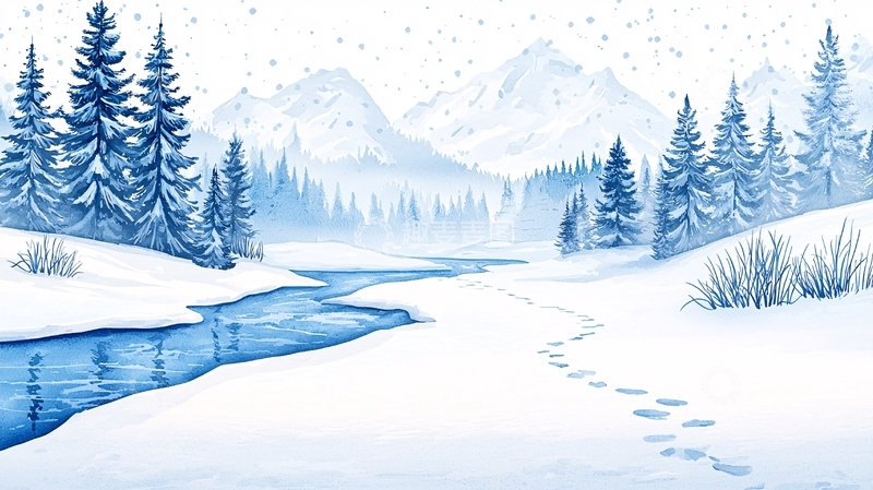 高清大图下载【趣麦麦图】冬日雪景水彩画