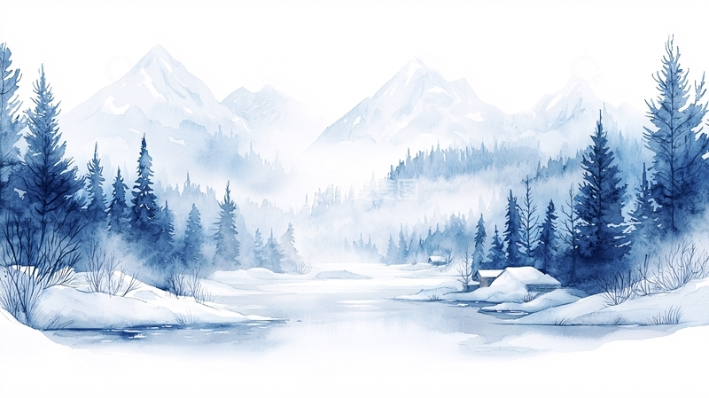 高清大图下载【趣麦麦图】水彩雪景山林小屋